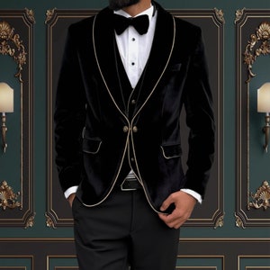 Mens Slim Fit Black & Gold Velvet Tuxedo Shawl Lapel | Weddings and special Occasions Tuxedo