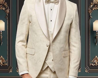 Men's All Champagne Floral Shawl Lapel Tuxedo for Weddings, Prom & Formal Events