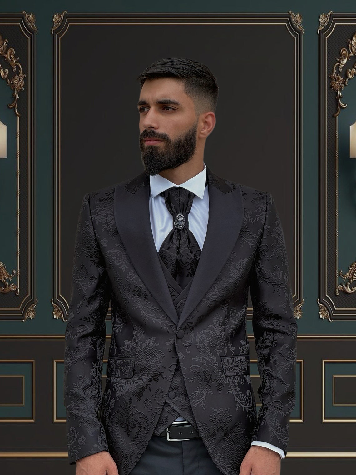Men's Slim Fit Tuxedo with Black Peak Lapel White,Black