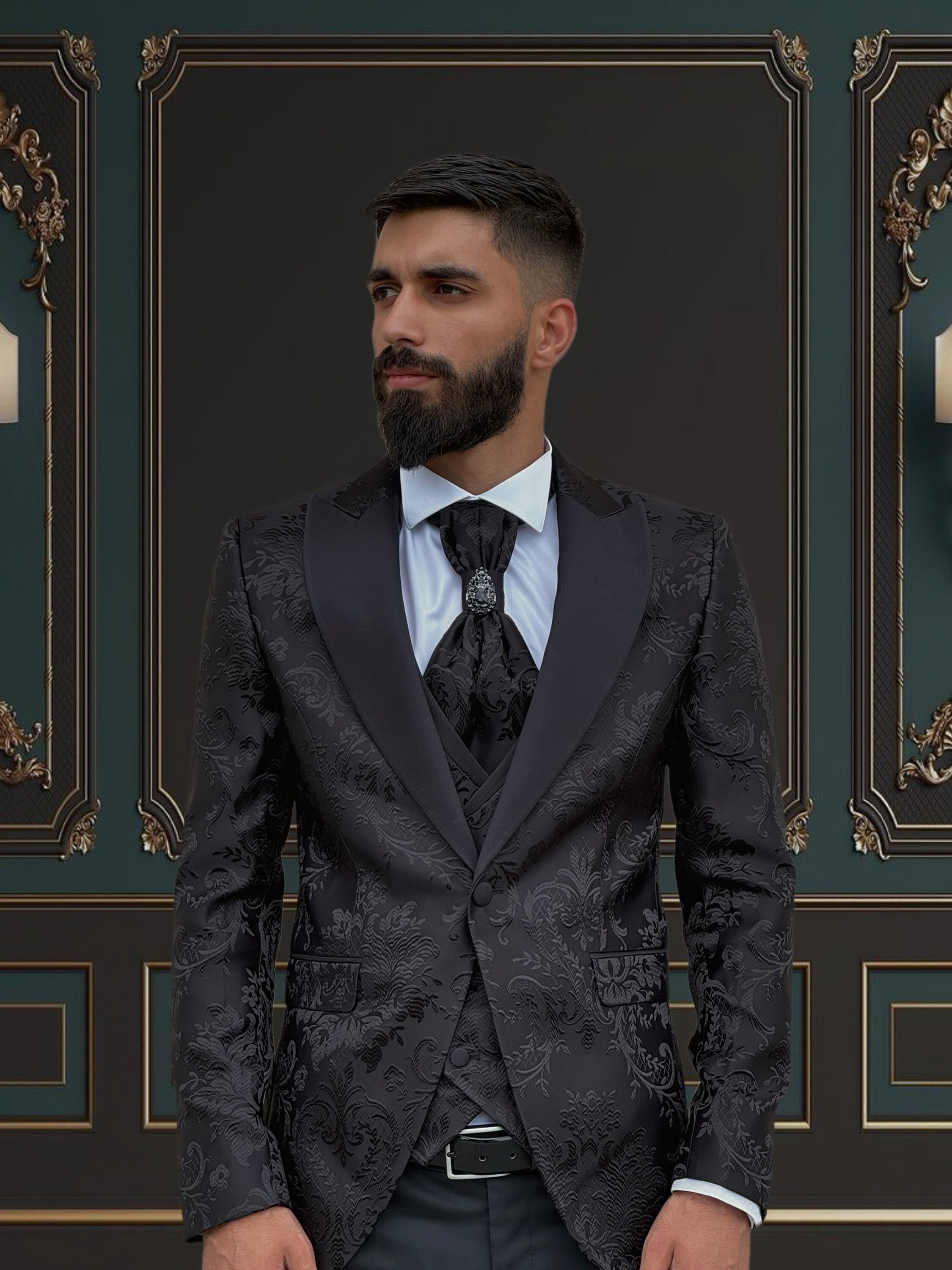 Mens Vested One Button Peak Lapel Shiny Floral Tuxedo in Black main image 1