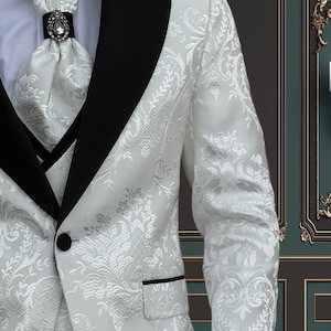 Mens Vested One Button Peak Lapel Shiny Floral Tuxedo in Fuschia main image 1