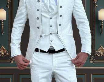 Mens Slim Fit Off White Floral Tuxedo Mandarin Collar | Weddings and special Occasions Tuxedo