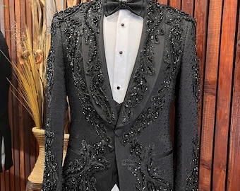 Mens Slim Fit Black Hand Made Embroidered Tuxedo with stones Shawl Lapel for Weddings and special occasions