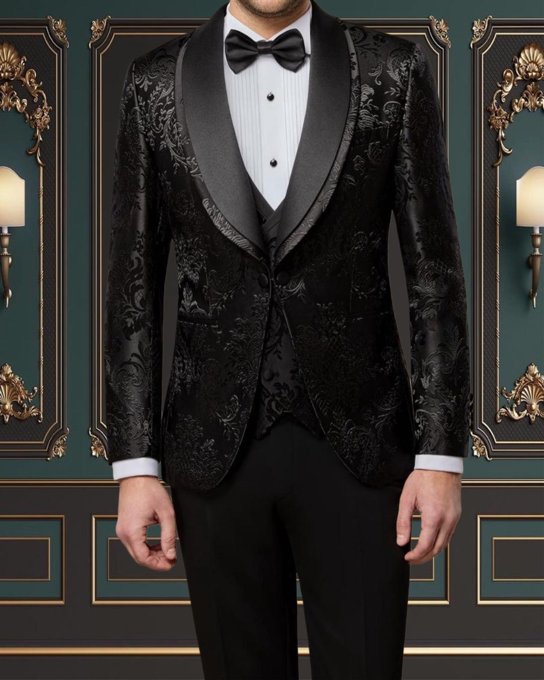 Men One Button Floral All White Tuxedo with Shawl Lapel – 2 Piece