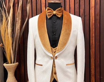 Mens Slim Fit White Wedding/Special occasion  Tuxedo with Gold velvet Shawl Lapel