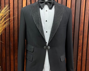 Mens Slim Fit Black Wedding Tuxedo with glitters