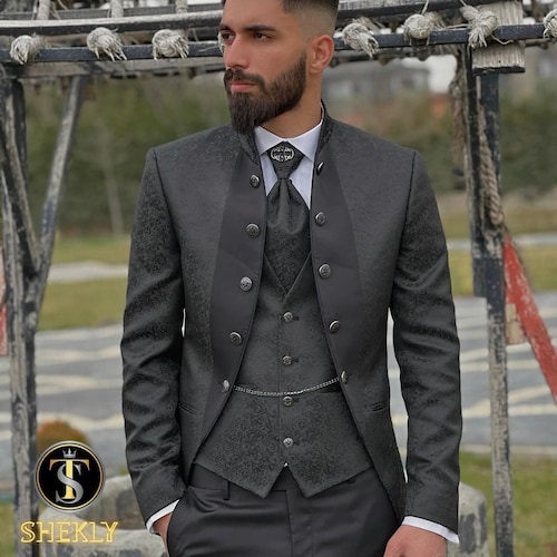 Esmoquin negro ajustado para hombre con cuello mandarín / Esmoquin para bodas y ocasiones especiales