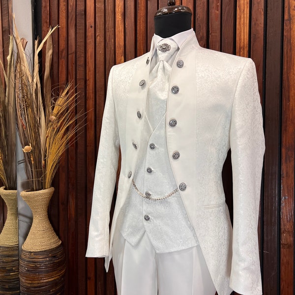 Mens Slim Fit White Tuxedo Mandarin Collar | Weddings and special Occasions Tuxedo