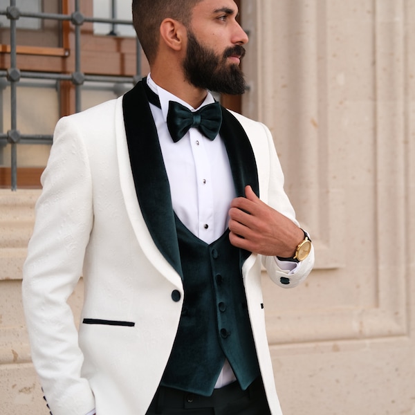 Mens Slim Fit Wedding/Special occasion  White Tuxedo with Green velvet Shawl Lapel