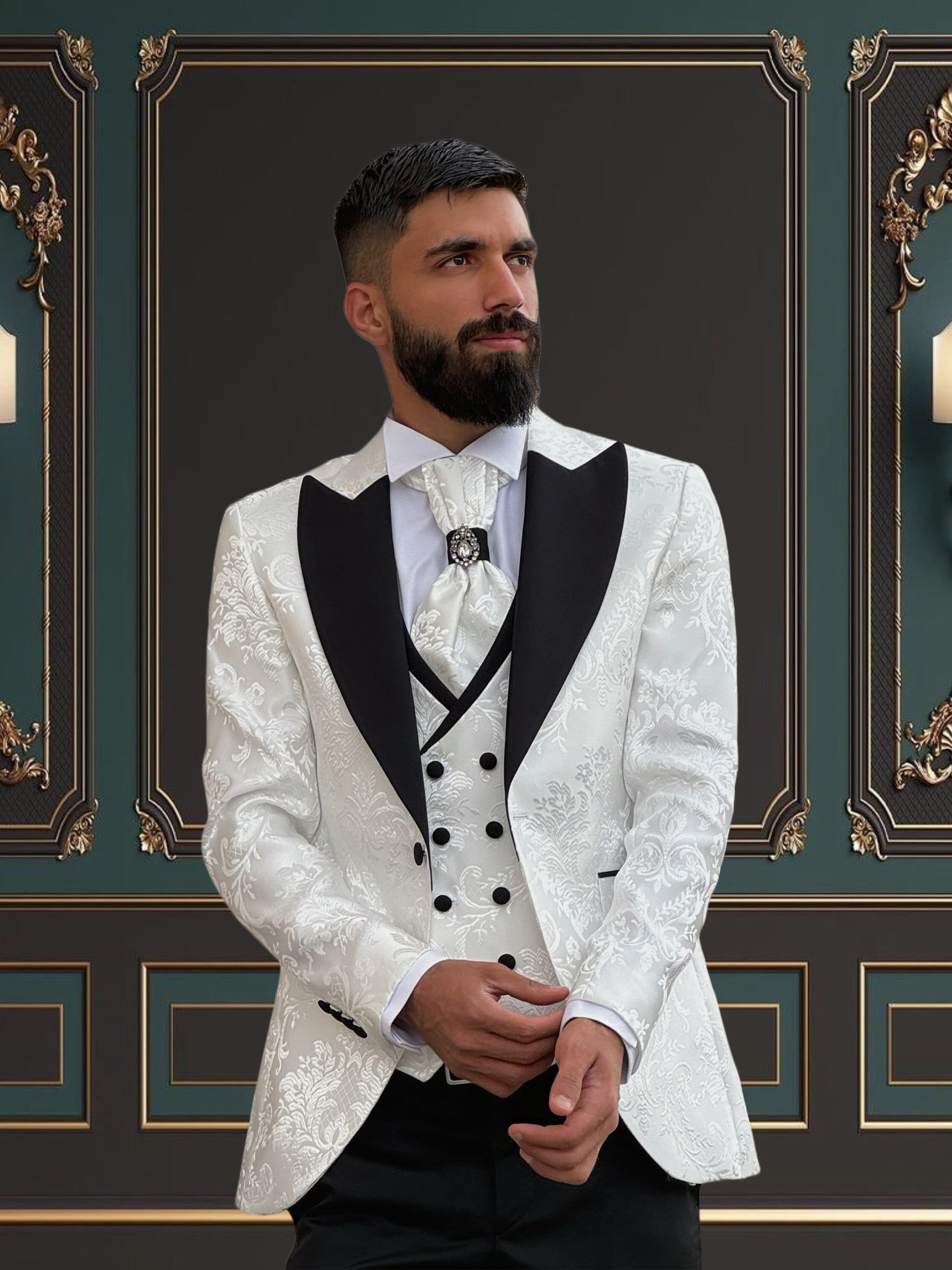 Mens Slim Fit White Floral Tuxedo Peak Lapel | Weddings and special Occasions Tuxedo