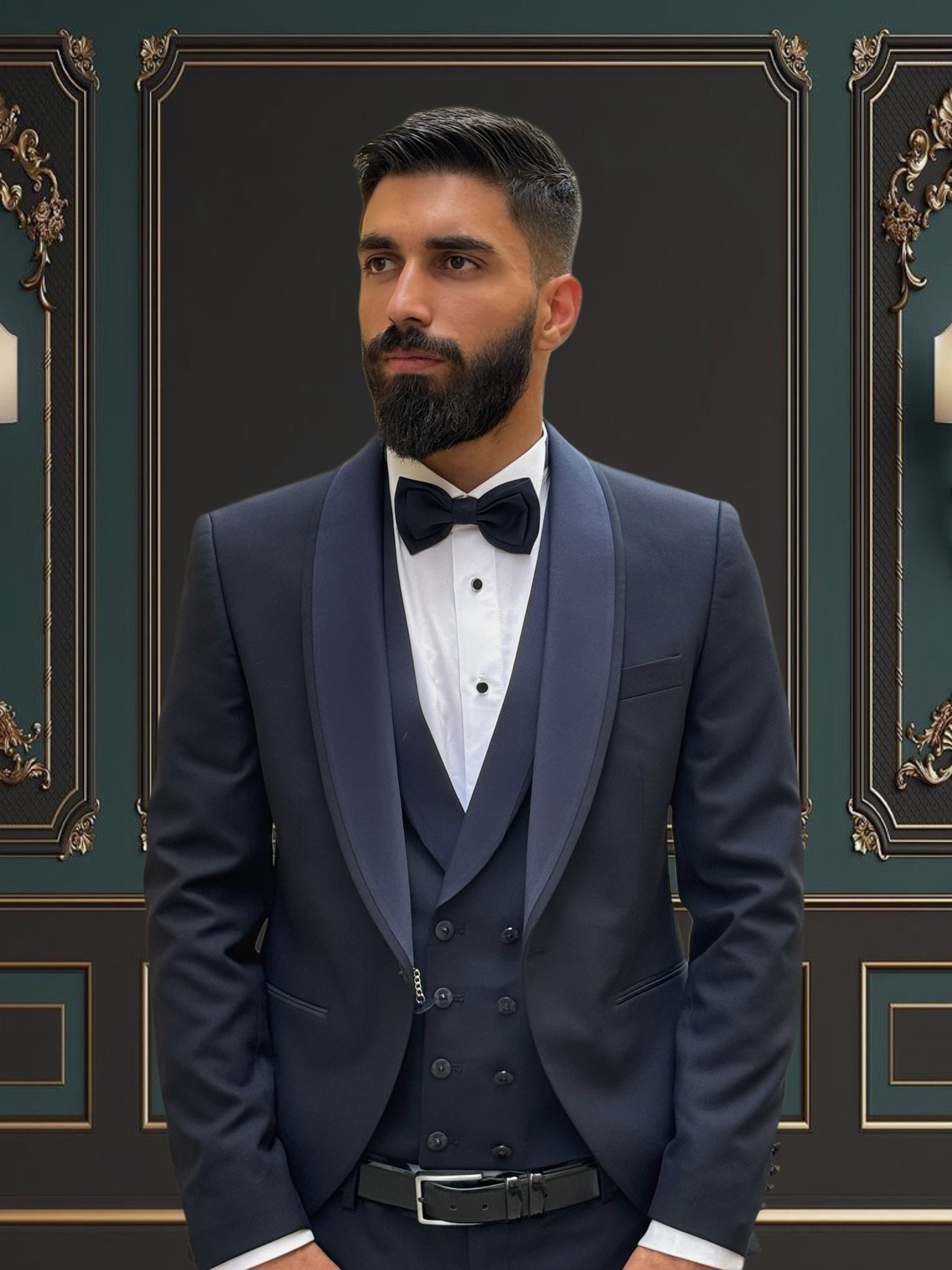 Châle de smoking bleu marine coupe slim pour homme | Smoking pour mariages et occasions spéciales
