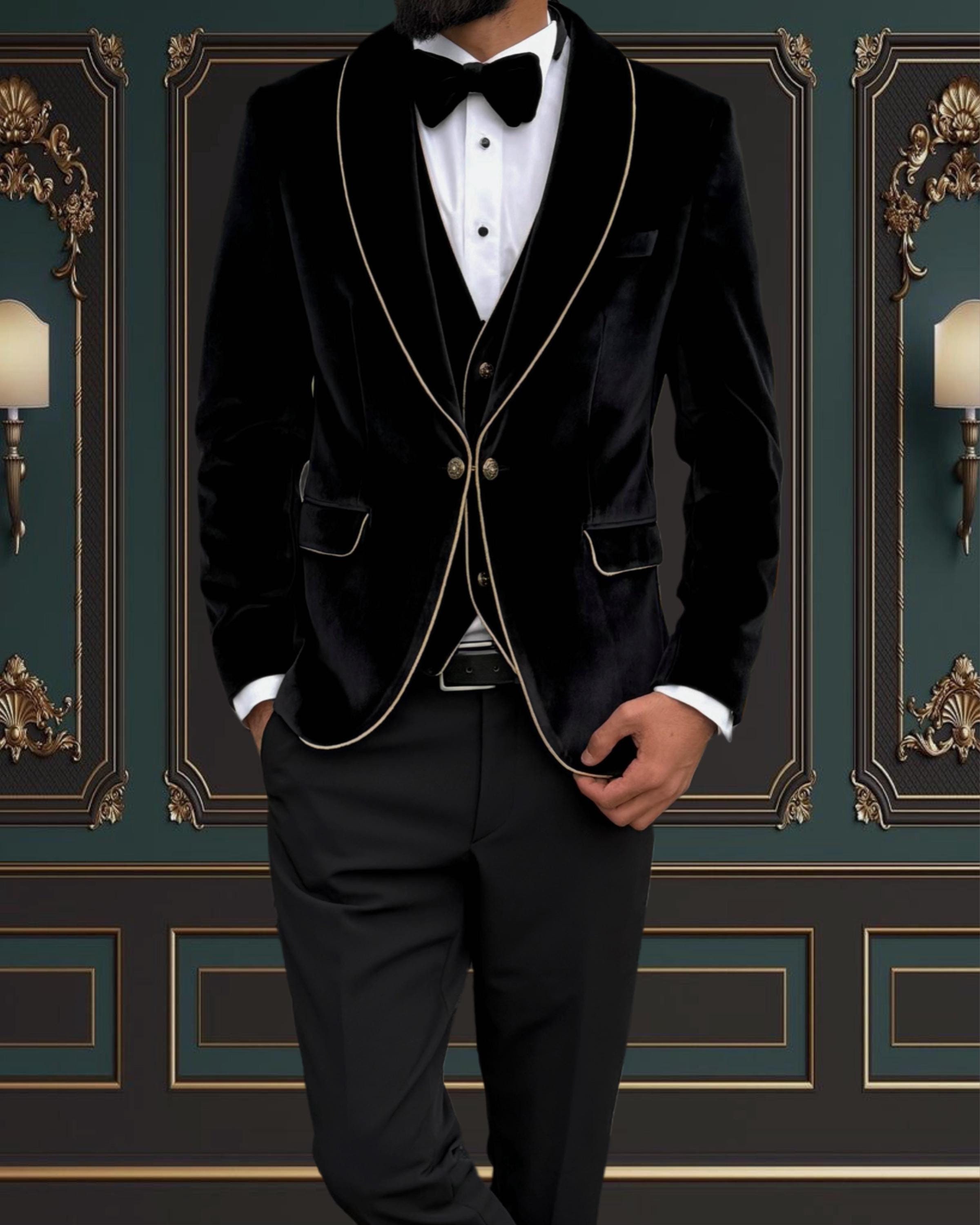 ロハス様ご注文品 Mens Slim Fit Black & Gold Velvet Tuxedo Shawl Lapel