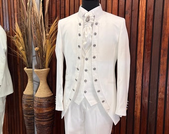 Mens Slim Fit Off White Tuxedo Mandarin Collar | Weddings and special Occasions Tuxedo