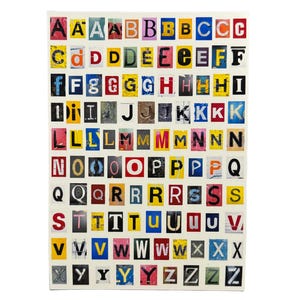 May include: A rectangular artwork featuring a collage of colorful letter cutouts. Each letter is set against a different background, creating a vibrant and eclectic alphabet display. The letters are in various fonts and colors.
