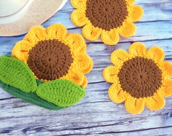 Posavasos de girasol de ganchillo con soporte, posavasos de ganchillo con soporte, posavasos de bebidas de ganchillo, regalos de ganchillo, regalos del Día de las Madres, regalos para ella