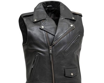 Black Sheepskin leather biker vest - motorcycle waistcoat