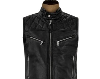 Black Quilted Leather Vest, Genuine Sheepskin Leather Vest, Men Stringer Biker Vest, Hunt Club Quilted Leather Vest, Gift idea