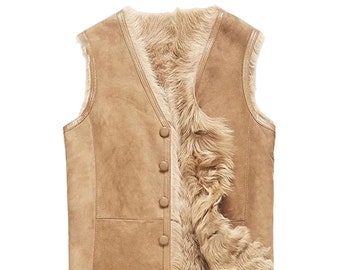 Gilet en peau de mouton retourné, gilet en peau de mouton, gilet en cuir Sherpa, gilet en fourrure de cuir beige, idée cadeau