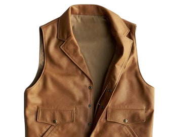 Cowboy Western Style Leather Vest, Brown Leather Vest, Lambskin Leather Vest, Gift idea