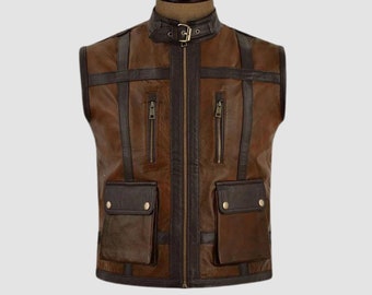 Men’s Camel Brown Leather Biker Vest, Men Brown Moto Leather Vest, Genuine Leather vest, Gift idea