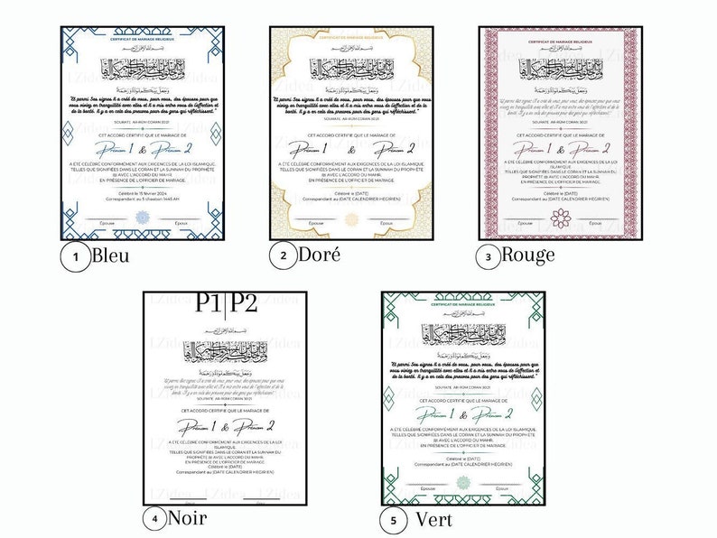 K&ouml;nnte beinhalten: F&uuml;nf verschiedene Versionen einer Heiratsurkunde in verschiedenen Farben, darunter Blau, Gold, Rot, Schwarz und Gr&uuml;n. Die Urkunde hat einen dekorativen Rand und arabischen Text.