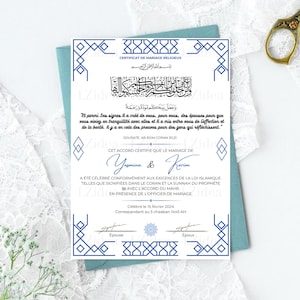 K&ouml;nnte beinhalten: Eine blaue und wei&szlig;e islamische Heiratsurkunde mit dem Text "CERTIFICAT DE MARIAGE RELICIEUX" oben. Die Urkunde ist mit einem blauen und wei&szlig;en geometrischen Muster verziert. Der Text "Yasmina & Karim" befindet sich in der Mitte der Urkunde. Das Datum "15 f&eacute;vrier 2024" befindet sich unten auf der Urkunde.