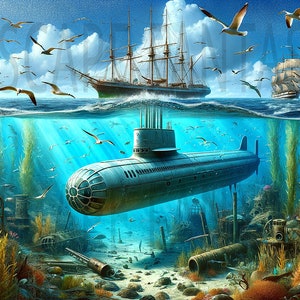 May include: A vintage submarine submerged in the ocean, surrounded by seaweed and coral. A sailing ship is visible above the waterline.