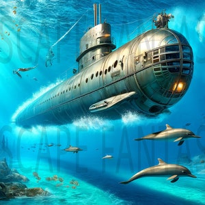 Puede incluir: Un submarino de estilo vintage viaja por el océano, rodeado de delfines y otras criaturas marinas. El submarino está hecho de metal y tiene una gran ventana redonda en la parte delantera. El océano es de un color azul profundo y el sol brilla a través del agua.