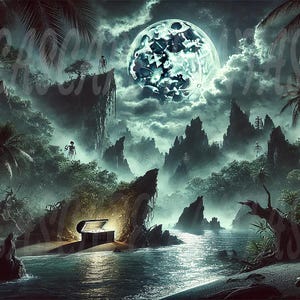 Skeleton Island at Midnight – Treasure Island Inspired Digital Painting - 24.9 x 14.2 inches at 300 DPI