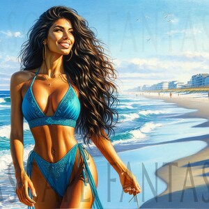 Op de afbeelding: Een vrouw in een blauwe bikini loopt langs een zandstrand met oceaan golven op de achtergrond. De lucht is blauw met witte wolken.