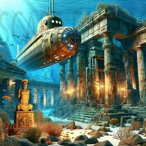 Könnte beinhalten: Ein gelbes U-Boot schwebt über einem unter Wasser liegenden, antiken Steintempel mit Säulen. Der Tempel ist mit Seegras bewachsen und von Felsen und Korallen umgeben. Fische schwimmen im blauen Wasser.