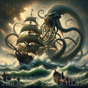 Könnte beinhalten: Ein großer, dunkelgrauer Krake mit vielen Tentakeln greift ein hölzernes Segelschiff in einem stürmischen Meer an. Das Schiff wird von den Tentakeln des Kraken unter Wasser gezogen. Das Meer ist rau und unruhig, mit Schaumkronen und Wellen, die gegen das Schiff schlagen.