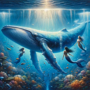 May include: A blue whale swims through a vibrant coral reef, surrounded by three mermaids with long flowing hair. The scene is bathed in a soft, ethereal light, creating a magical underwater world.