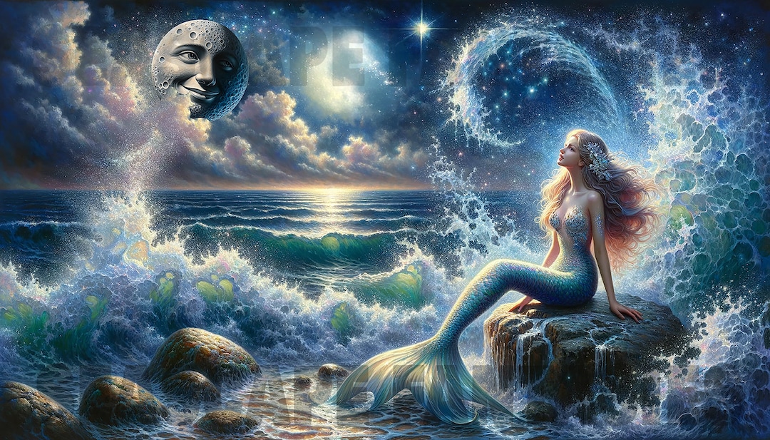 Celestial Tides - the Mermaid & the Moon - Digital Print - Etsy