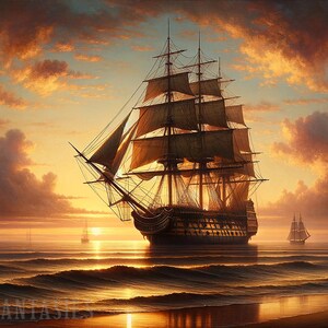 Puede incluir: Un gran barco de vela con velas blancas hinchadas navega por un mar tranquilo al atardecer. El cielo es de un naranja y rosa vibrantes, con nubes esponjosas. El barco se recorta contra el cielo colorido.