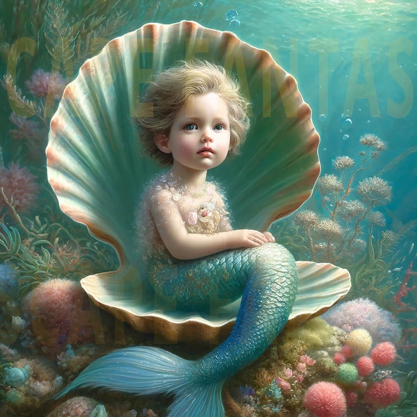 Shellbound Splendor" - Baby Mermaid Digital Print, Wide Format, 24.89" x 14.223