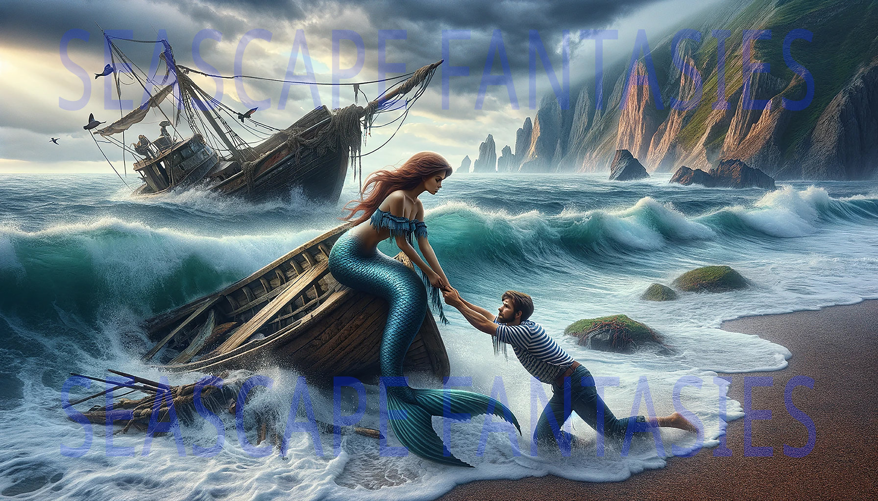 Tides of Compassion: Sailor Rescued by Mermaid - Digital Print 24.89