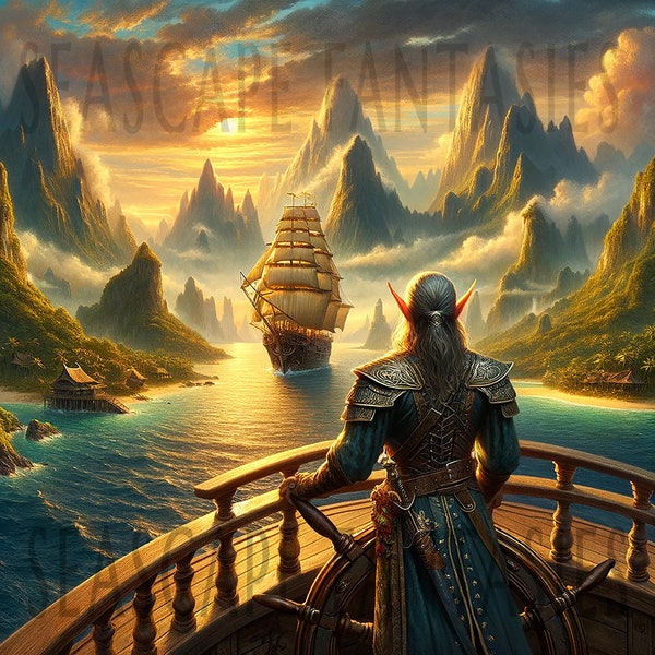 Digital - Stoic Elven Captain and Ship - Digital Oil Painting Download, Majestic Seascape Fantasy Art