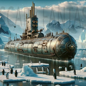 May include: A steampunk submarine with a large, round, brass-colored front, sails through a frozen landscape.  The submarine is surrounded by icebergs and penguins.