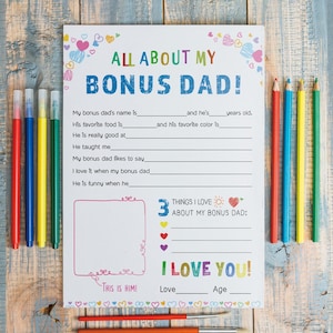 Sofortiges Überraschungsgeschenk: Alles über meinen Bonus Dad zum ausdrucken für Vatertag, Geburtstagsgeschenk, Personalisieren Sie das Geschenk für Papa in Minuten, sofortiger Download
