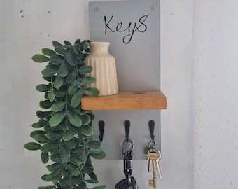 Pebble Grey key hook. silk emulsion painted. Lettering keys. Stained shelving, black hooked