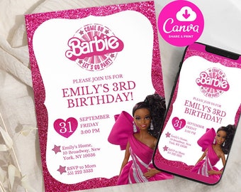 Bewerkbare Barbie uitnodiging roze pop verjaardagsfeestje Barbie partij Barbie uitnodigen digitale uitnodiging afdrukbare sjabloon