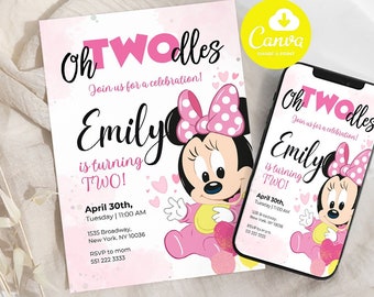 OH TWODLES, Minnie Mouse Birthday Invite, Girls Birthday Invite: Digital Download, Minnie Invite | Canva Instant Download | Editable Invites