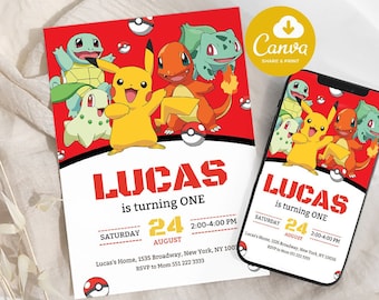 Bearbeitbare Pokemon-Geburtstagseinladung, Pokemon-inspirierte Einladung, Anime-Geburtstagseinladung, sofortiger Download für jedes Alter, digital, 13 x 17 cm, für Kinder
