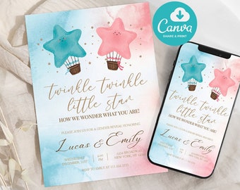 Editable Gender Reveal Invitation Invite Twinkle Twinkle Little Star Gender Reveal Invitation Hot Air Balloons Pink And Blue He or She