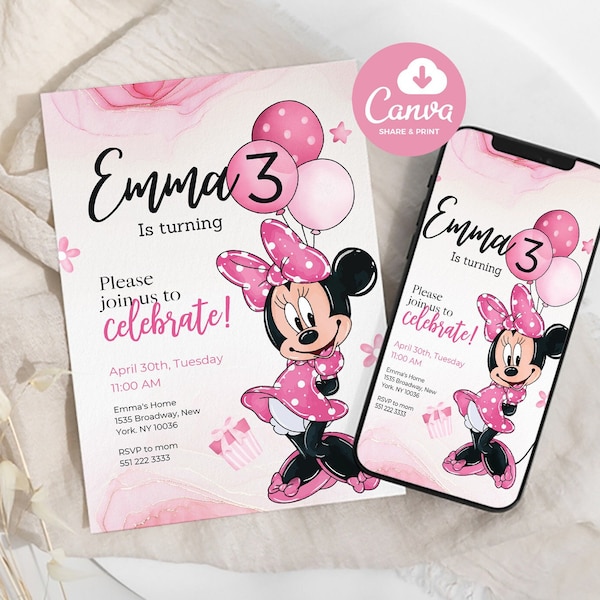 Invito di compleanno modificabile di Minnie Invito ispirato QUALSIASI ETÀ Digitale 5x7 Mouse Rosa Nero Pois Bambini Ragazze