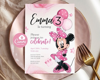 Invito di compleanno modificabile di Minnie Invito ispirato QUALSIASI ETÀ Digitale 5x7 Mouse Rosa Nero Pois Bambini Ragazze