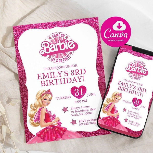 Editable Barbie Invitation Pink Doll Birthday Party Barbie Party Barbie Invite Digital Invite Printable Template