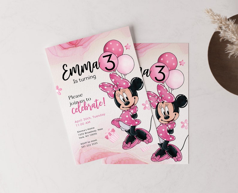 Editable Minnie Birthday Invitation Inspired Invite ANY AGE Digital 5x7 Mouse Pink Black Polka Dot Kids Girls image 2