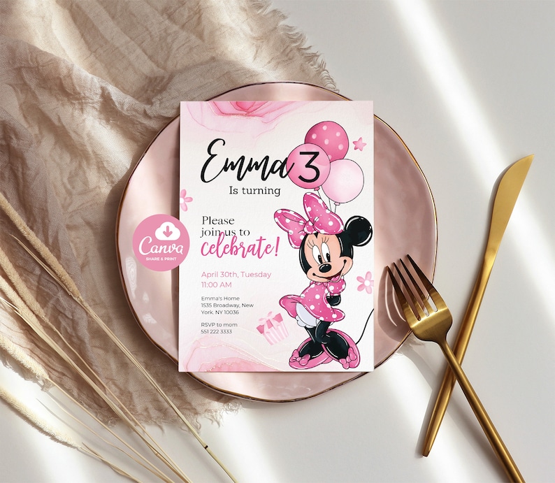 Editable Minnie Birthday Invitation Inspired Invite ANY AGE Digital 5x7 Mouse Pink Black Polka Dot Kids Girls image 5